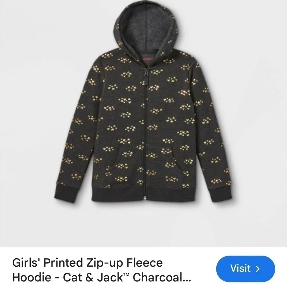 EUC Cat & Jack Heart Print Zip Up Fleece Hoodie Charcoal Gray Size XS (4/5)